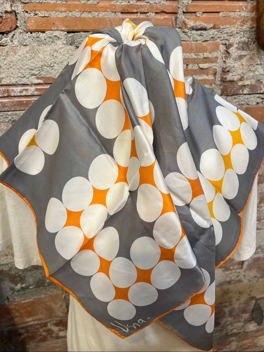 Vintage Vera Neumann square Dot Scarf hand rolled orange edge Large Logo